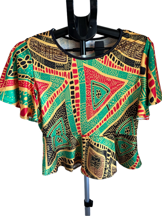 The Unbranded Brand Tops - Vibrant Geometric Flutter Crop Top in Green, Red & Yellow